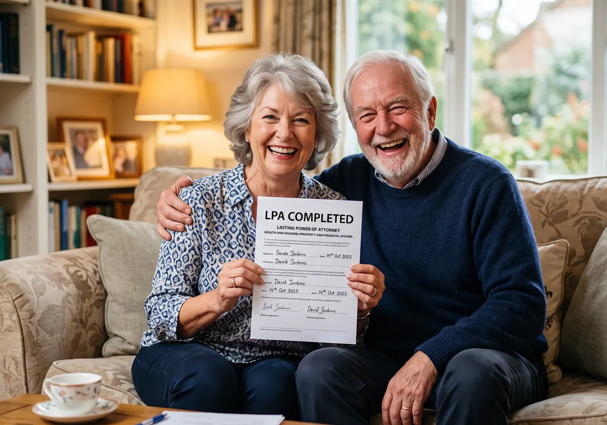 A smiling older couple at home holding their completed lasting power of attorney